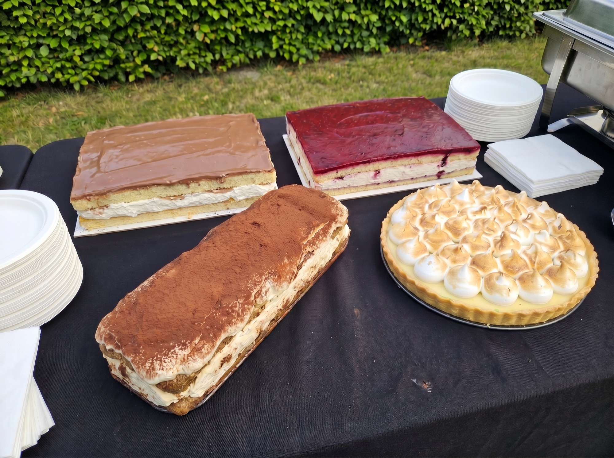 Huisgemaakte chocoladetaart, aardbeientaart, tiramisu en limoen-meringue samen op een desserttafel